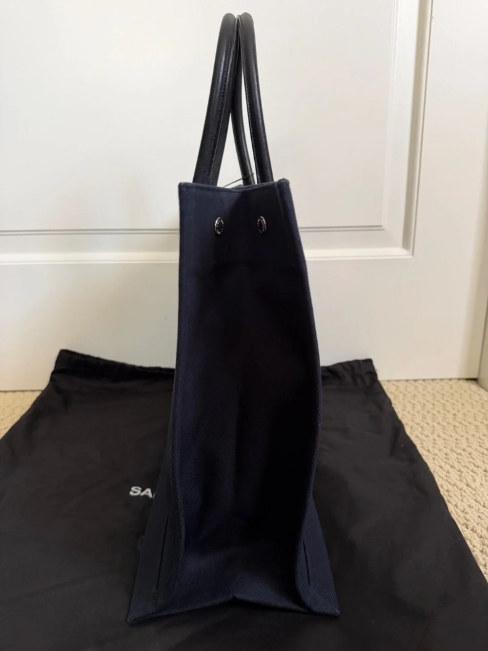Saint Laurent YSL Rive Gauche Navy Black Canvas Logo Leather Tote Bag